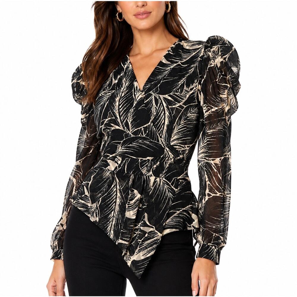 Walter Baker Adriana Black Cream Leaf Print Wrap Style Puff Sleeve Blouse Size M
